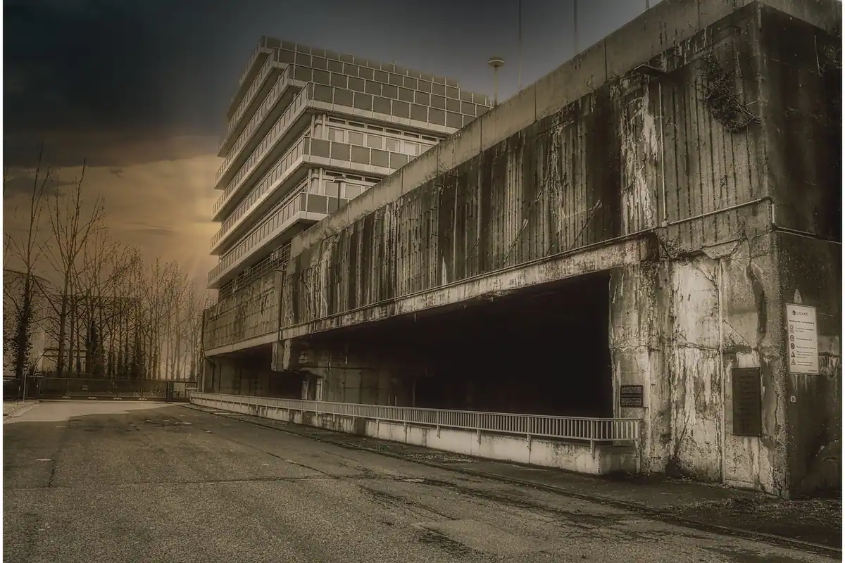 Buncăr de beton vechi, degradat și abandonat, rămas din timpul unui război mondial