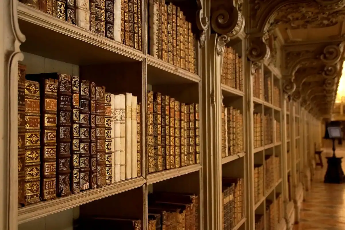 Rafturi cu cărți vechi într-o bibliotecă veche, arhivă de izvoare istorice