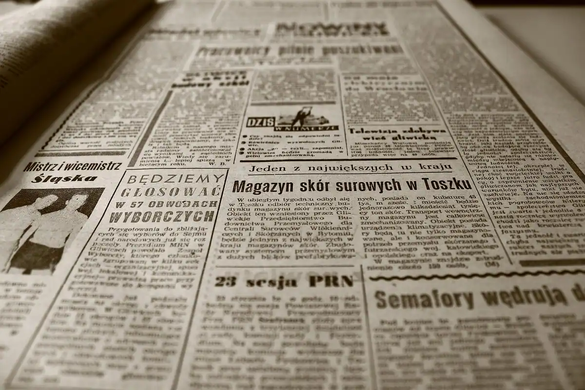 Ziar vechi cu hârtie îngălbenită și text tipărit, în nuanțe de sepia